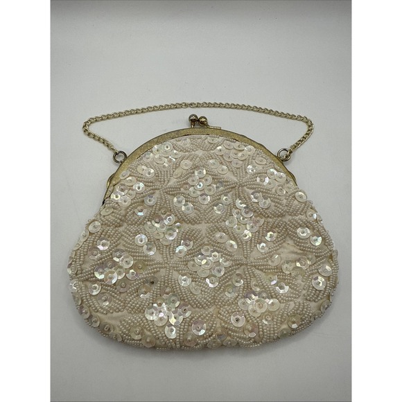Handmade Handbags - Vintage Handmade Purse Beaded Sequins Cream Gold Chain Clasp Hong Kong